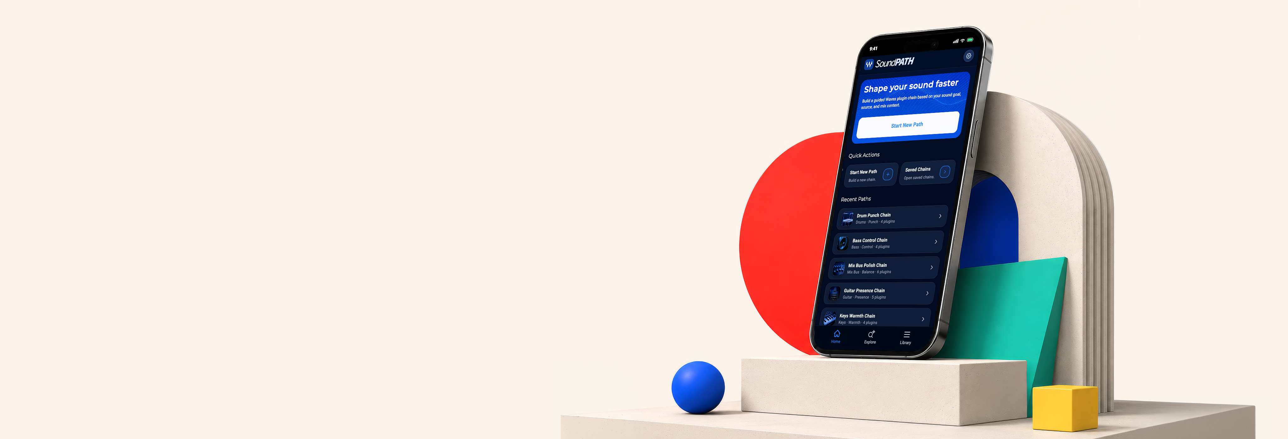 SoundPath mobile app mockup on a geometric pedestal