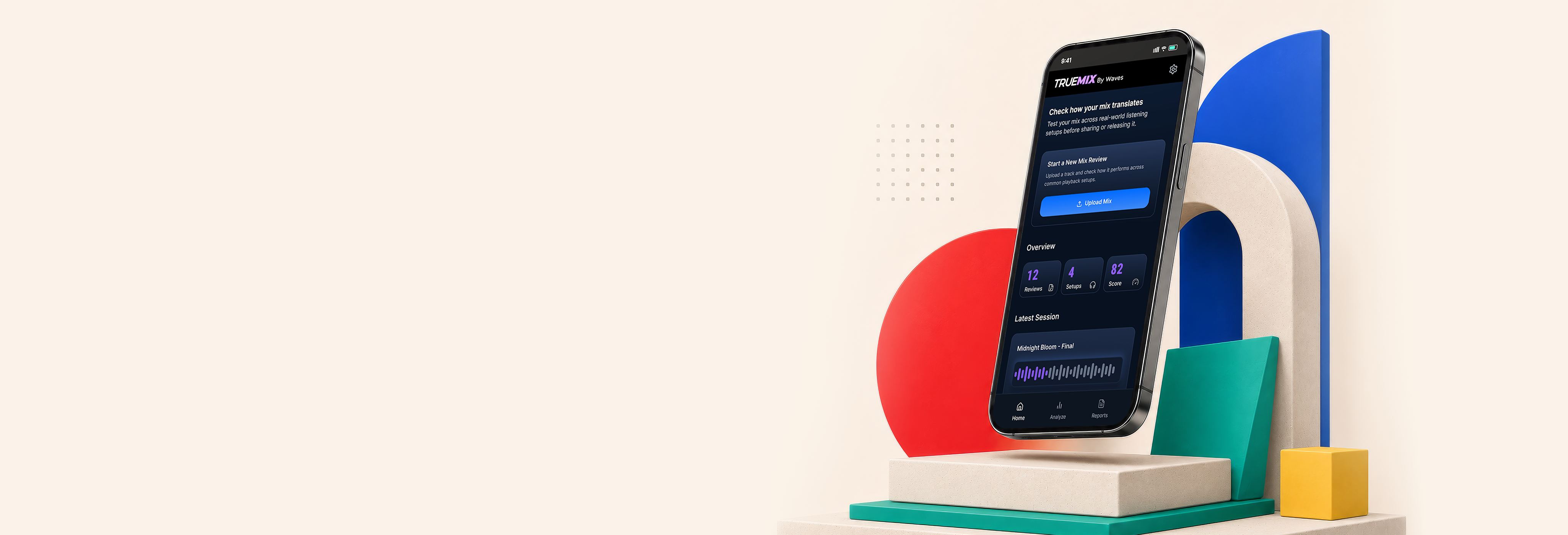 Waves TrueMix mobile app mockup on a geometric pedestal